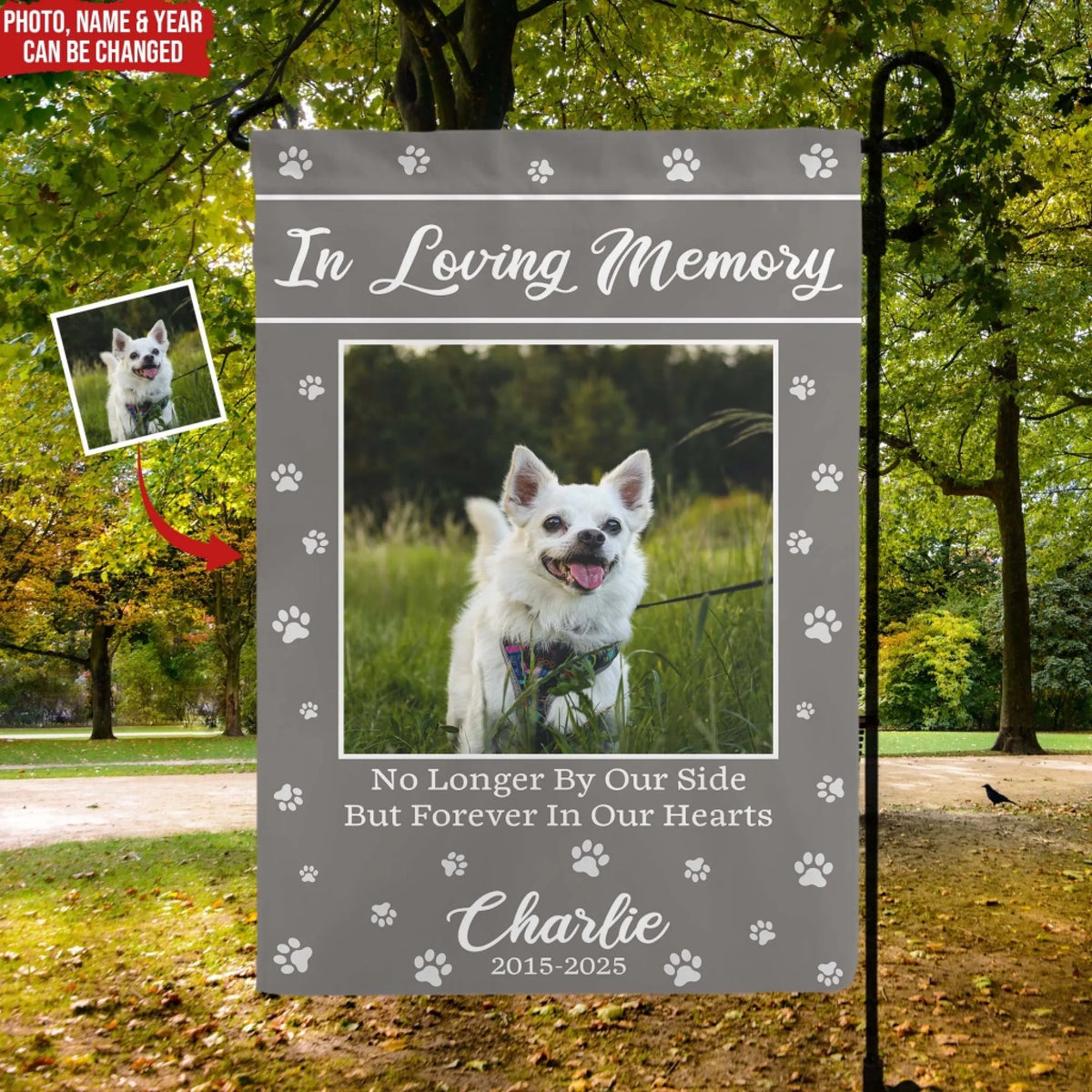 No Longer By Our Side But Forever In Our Hearts - Personalized Garden Flag, Pet Memorial Gift