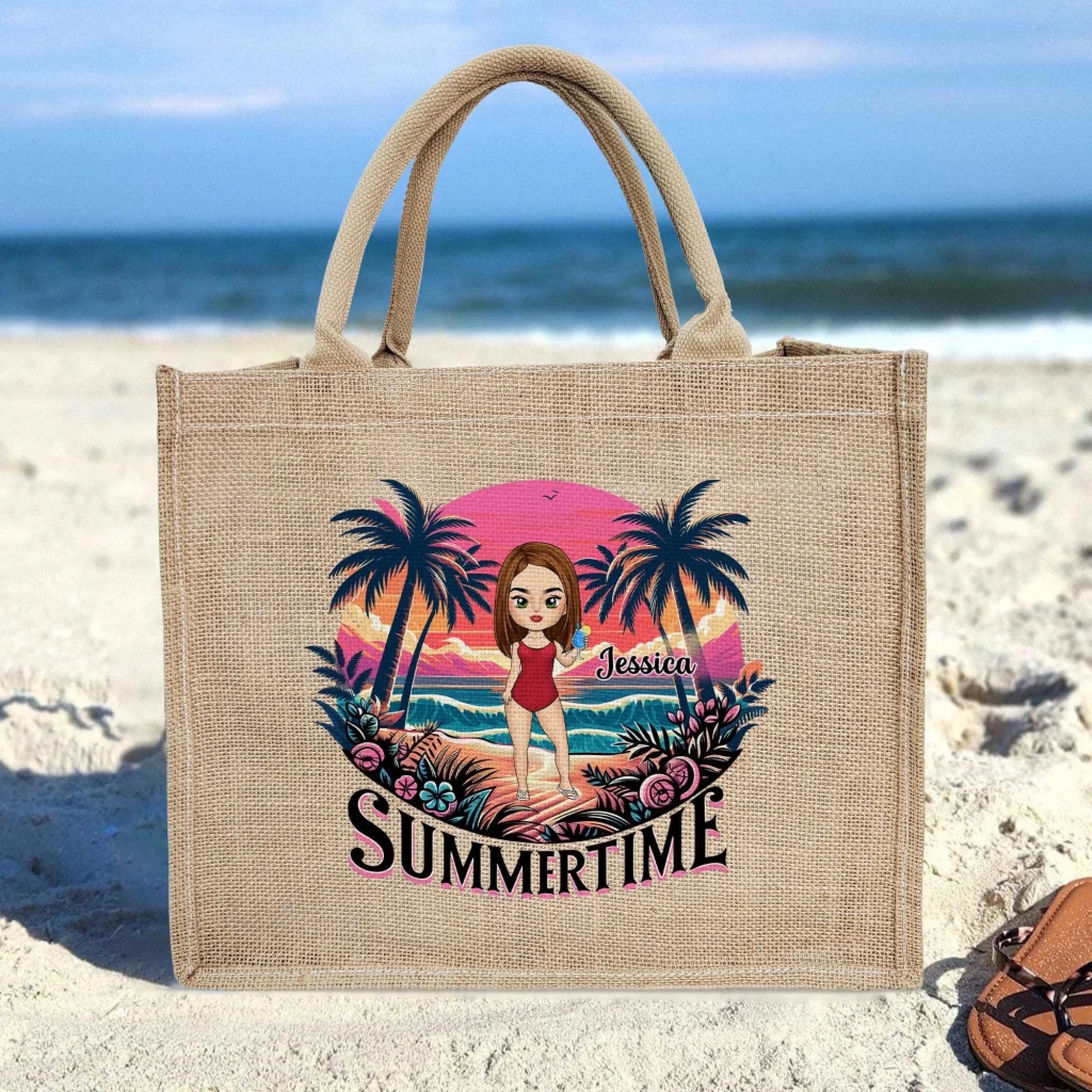 Summer Time - Personalized Jute Tote Bag, Summer Gift, Coconut Tree