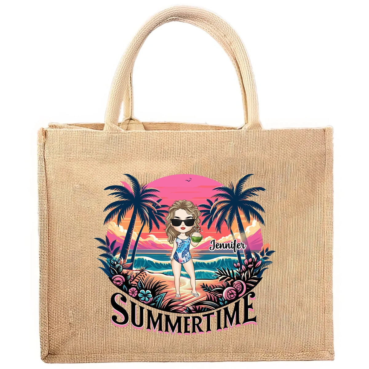 Summer Time - Personalized Jute Tote Bag, Summer Gift, Coconut Tree
