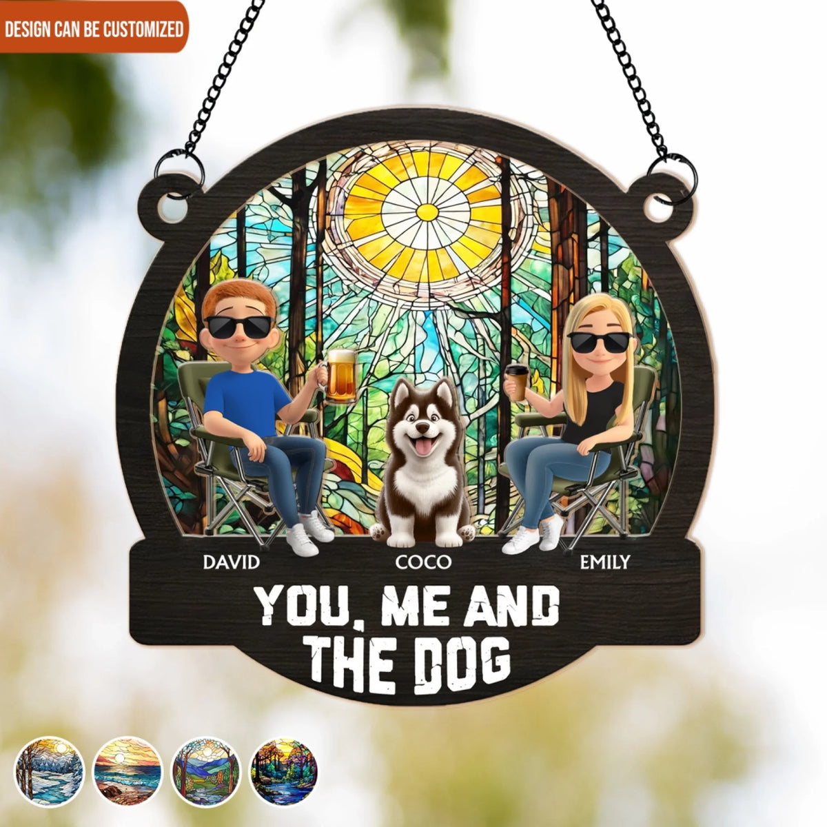 Camping You, Me And The Dogs - Personalized Window Hanging Suncatcher, Camping Gift for Dog Lovers