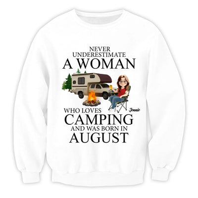 Never Underestimate A June Woman Who Loves Camping - Personalized T-Shirt, Funny Gift for Camping Lover