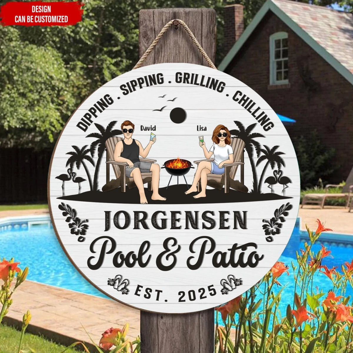 Pool & Patio Round Sign - Personalized Wooden Sign, Backyard Grill Sign, Outdoor Decoration