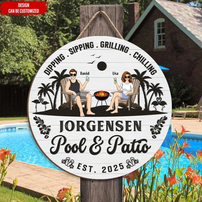 Pool & Patio Round Sign - Personalized Wooden Sign, Backyard Grill Sign, Outdoor Decoration