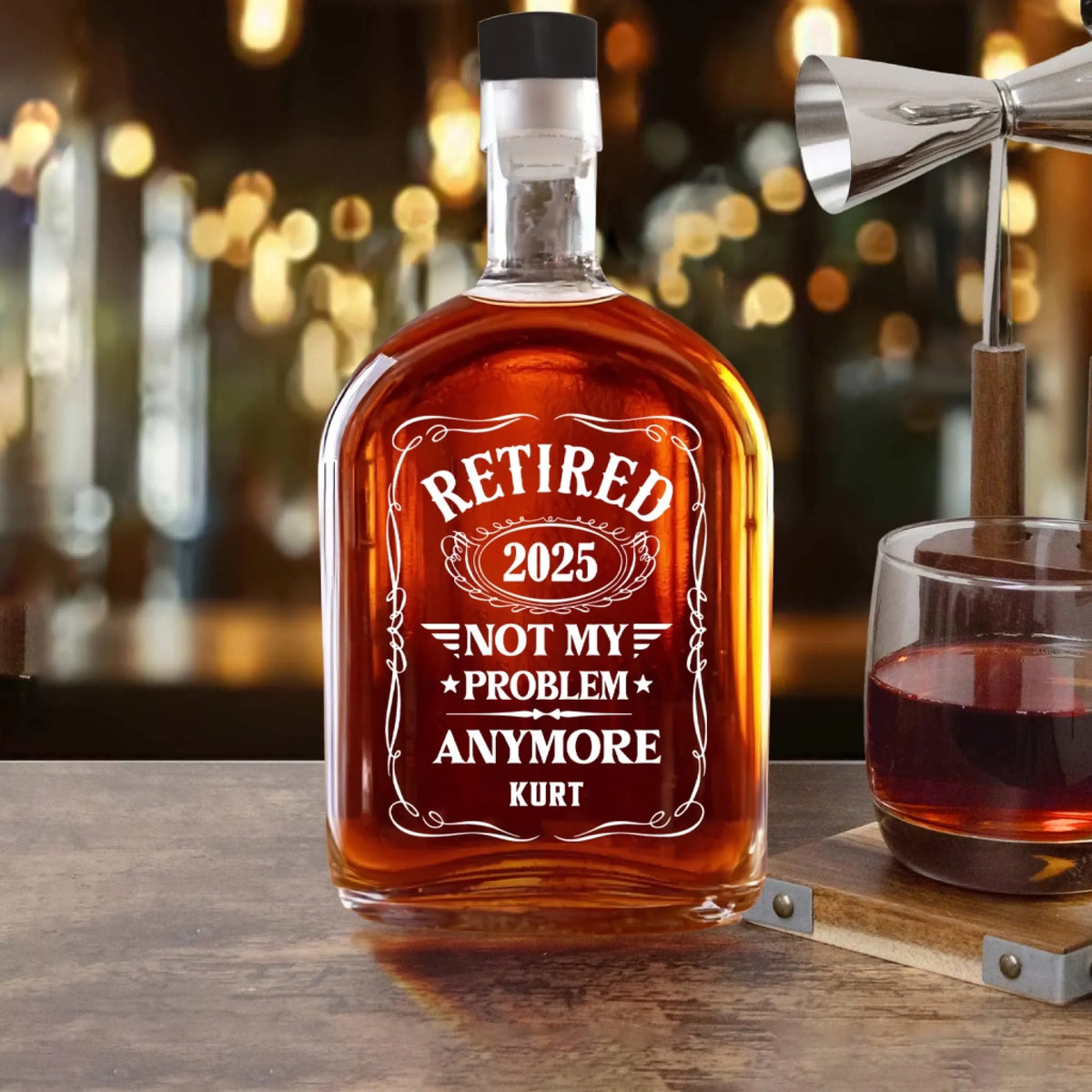 Retired Not My Problem Anymore - Personalized Whiskey Bottle, Retirement Gift For Him