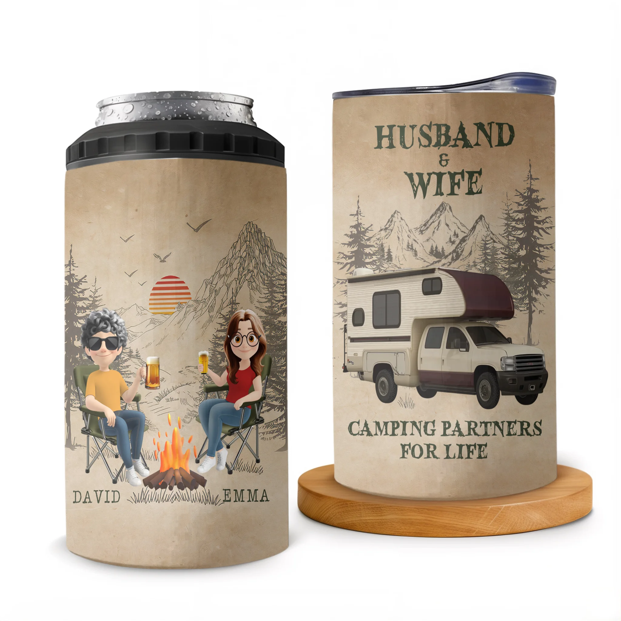 Husband And Wife Camping Partners For Life - Personalized Can Cooler, Camping Gift
