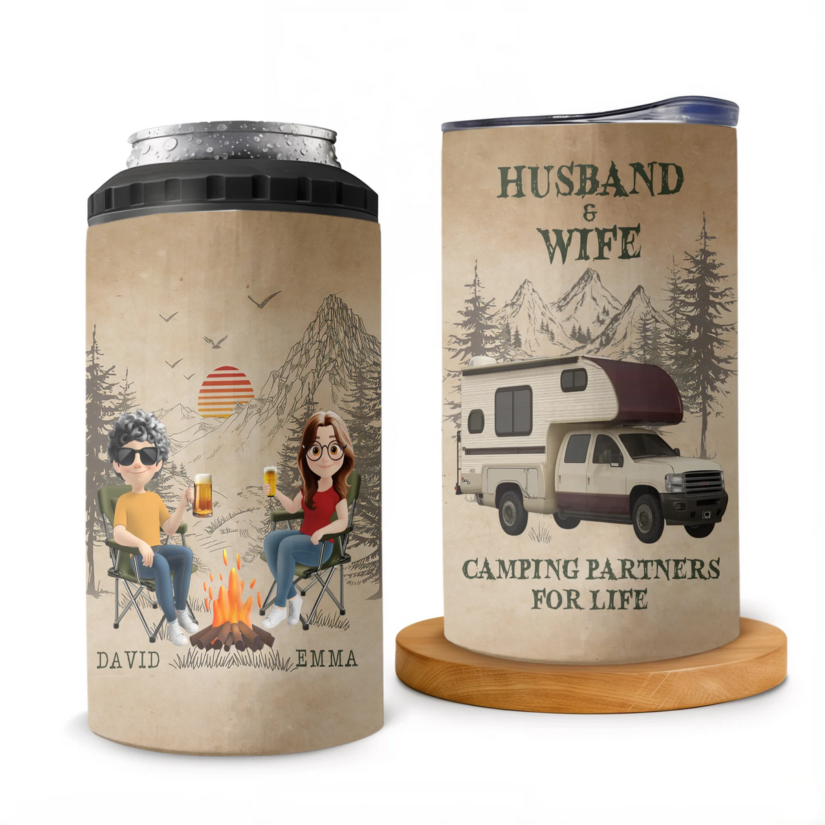 Husband And Wife Camping Partners For Life - Personalized Can Cooler, Camping Gift