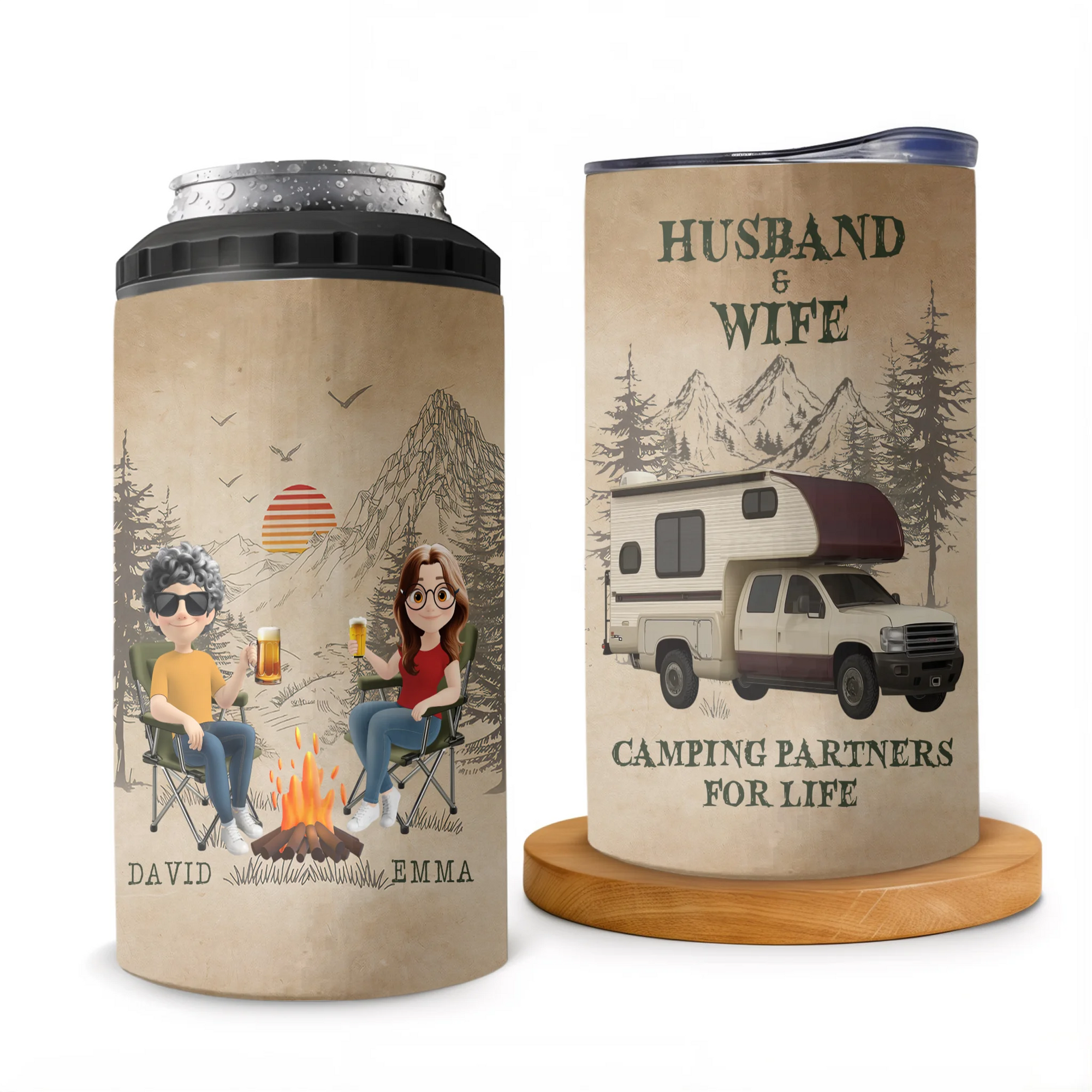 Husband And Wife Camping Partners For Life - Personalized Can Cooler, Camping Gift
