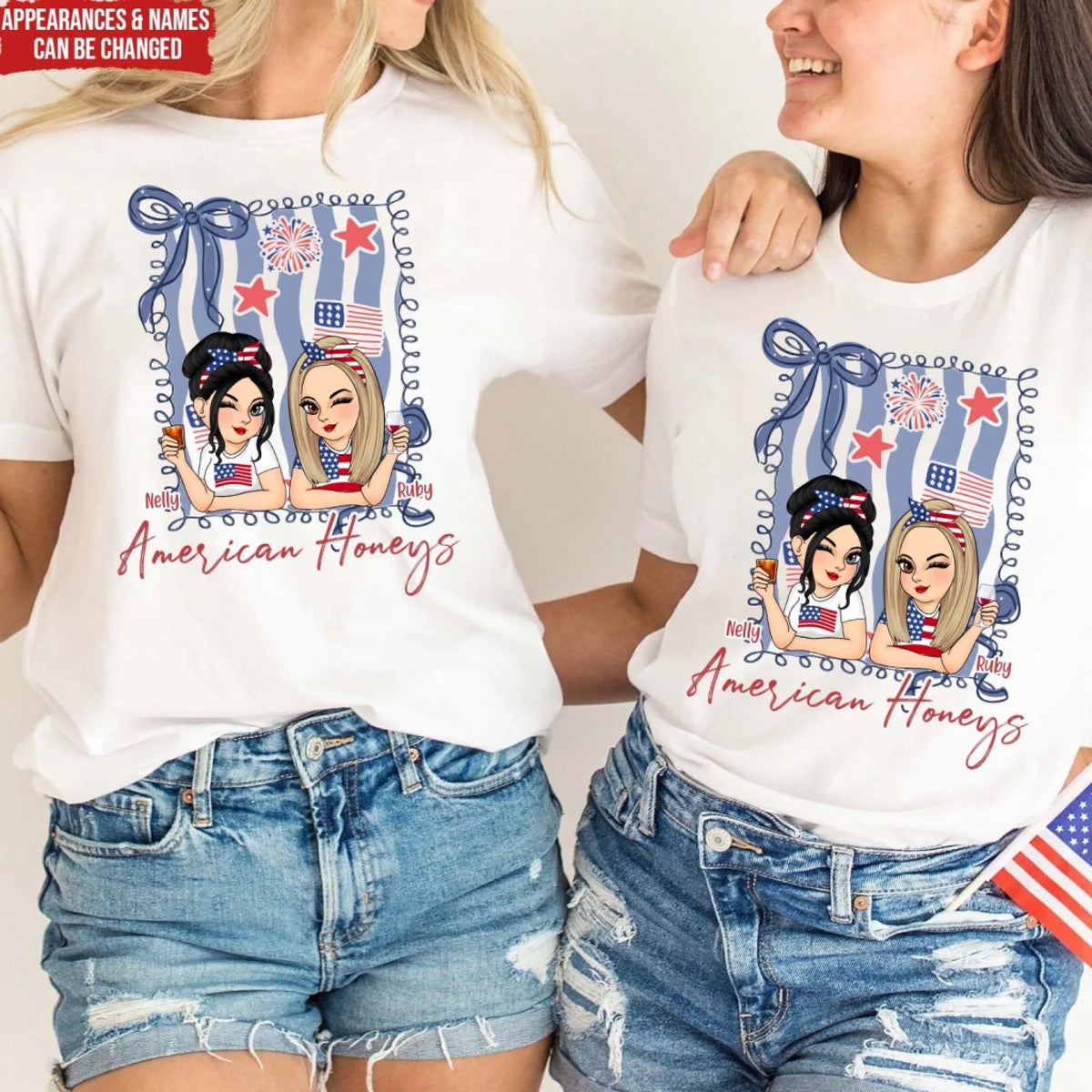 American Honey Bestie – Personalized 4th of July T-Shirt, Girly Independence Day, Gift for Best Friend