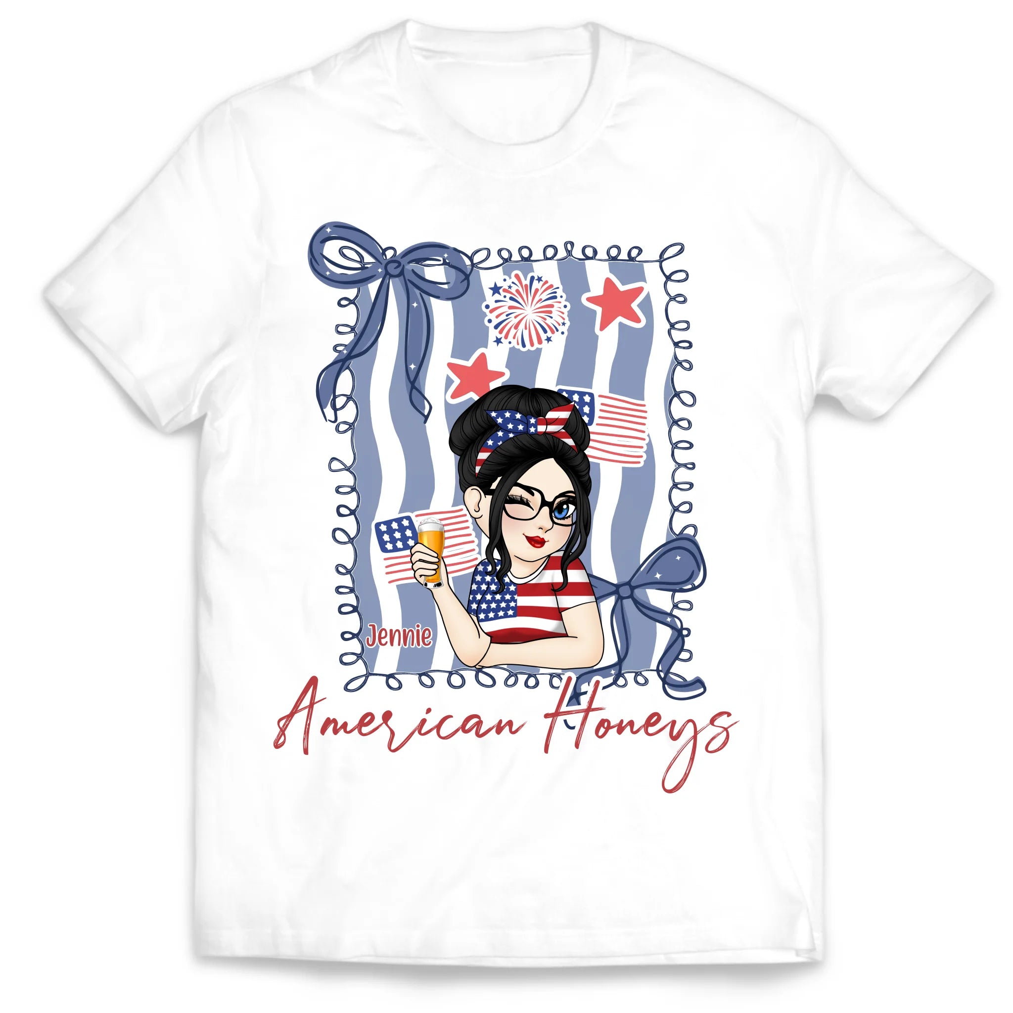 American Honey Bestie – Personalized 4th of July T-Shirt, Girly Independence Day, Gift for Best Friend