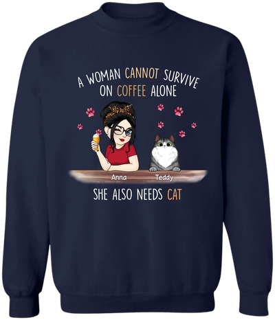 A Woman Can't Survive On Coffee Alone - Personalized Tshirt, Shirt for Cat Lover, Cat Enthusiast Gift