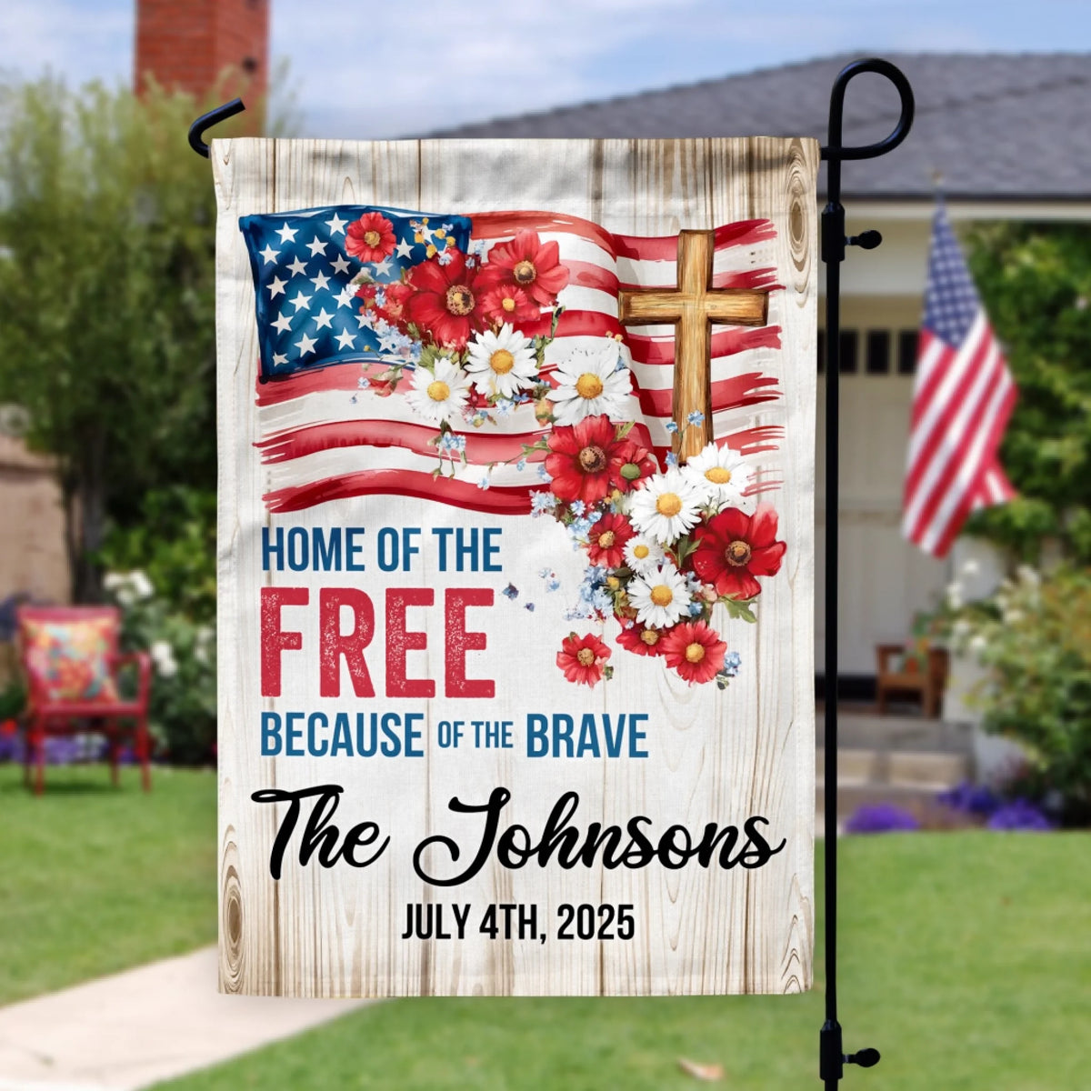 Home Of The Free Because Of The Brave Floral American Flag - Personalized Garden Flag, Independence Day Flag, Fourth Of July Gifts