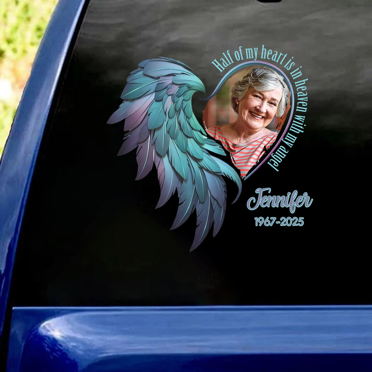 Angel Wings Memorial, Half Of My Heart Is In Heaven - Personalized Decal, Memorial Gift