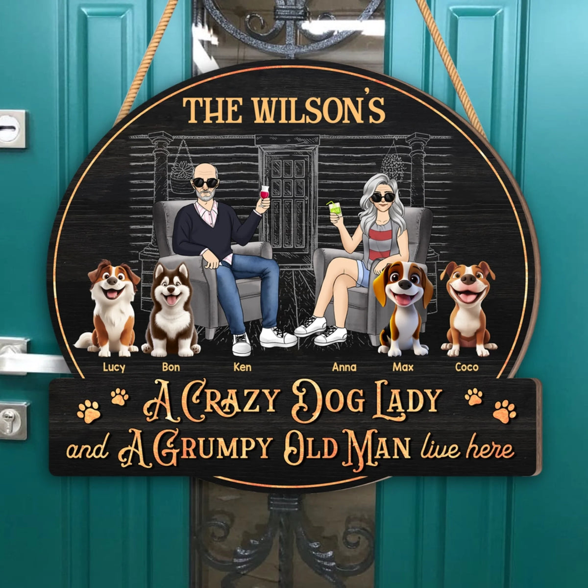 Crazy Dog Lady And Grumpy Old Man Live Here - Personalized Wood Sign, Gift For Family, Home Decor