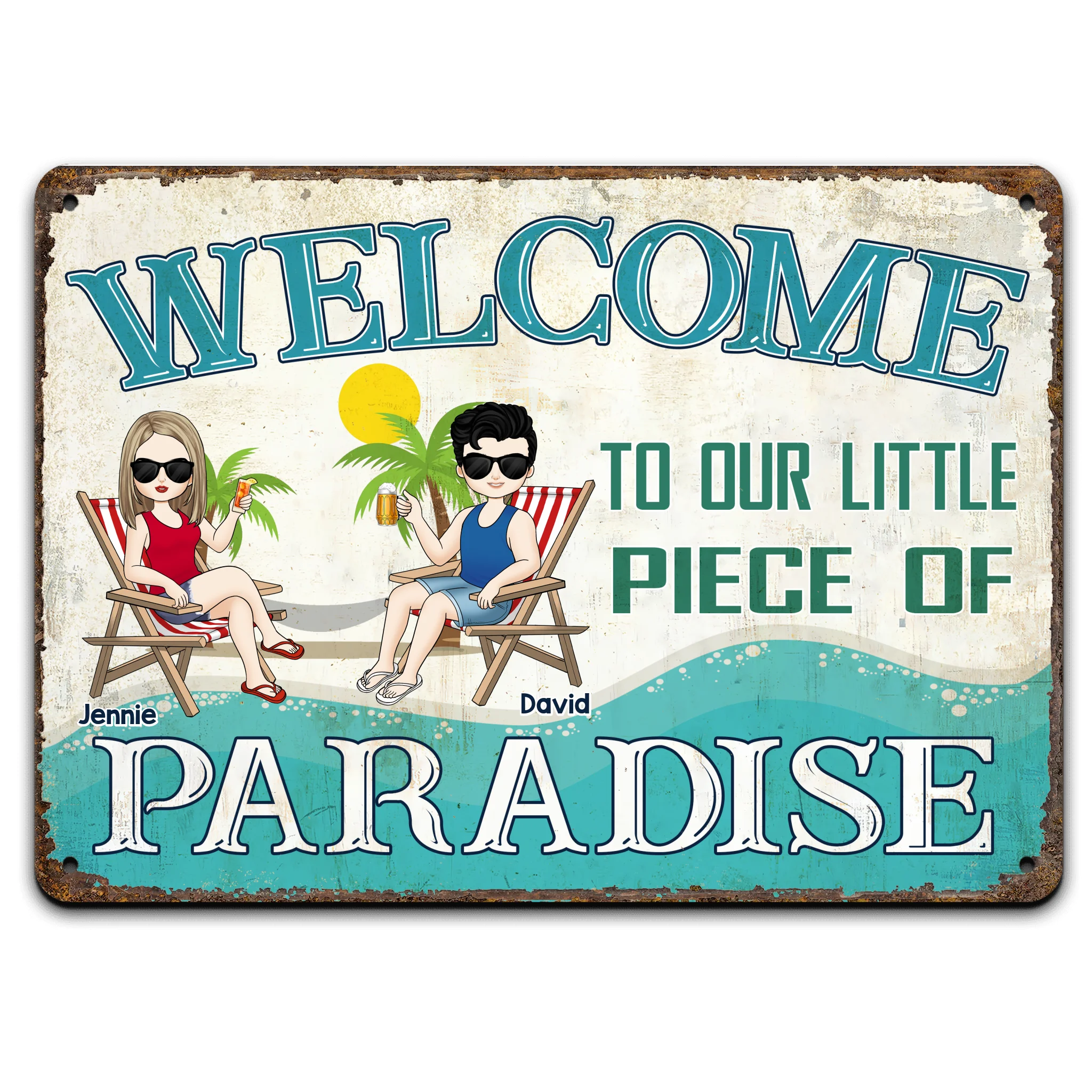 Welcome to Our Little Piece of Paradise - Personalized Metal Sign, Home Swimming Pool Sign