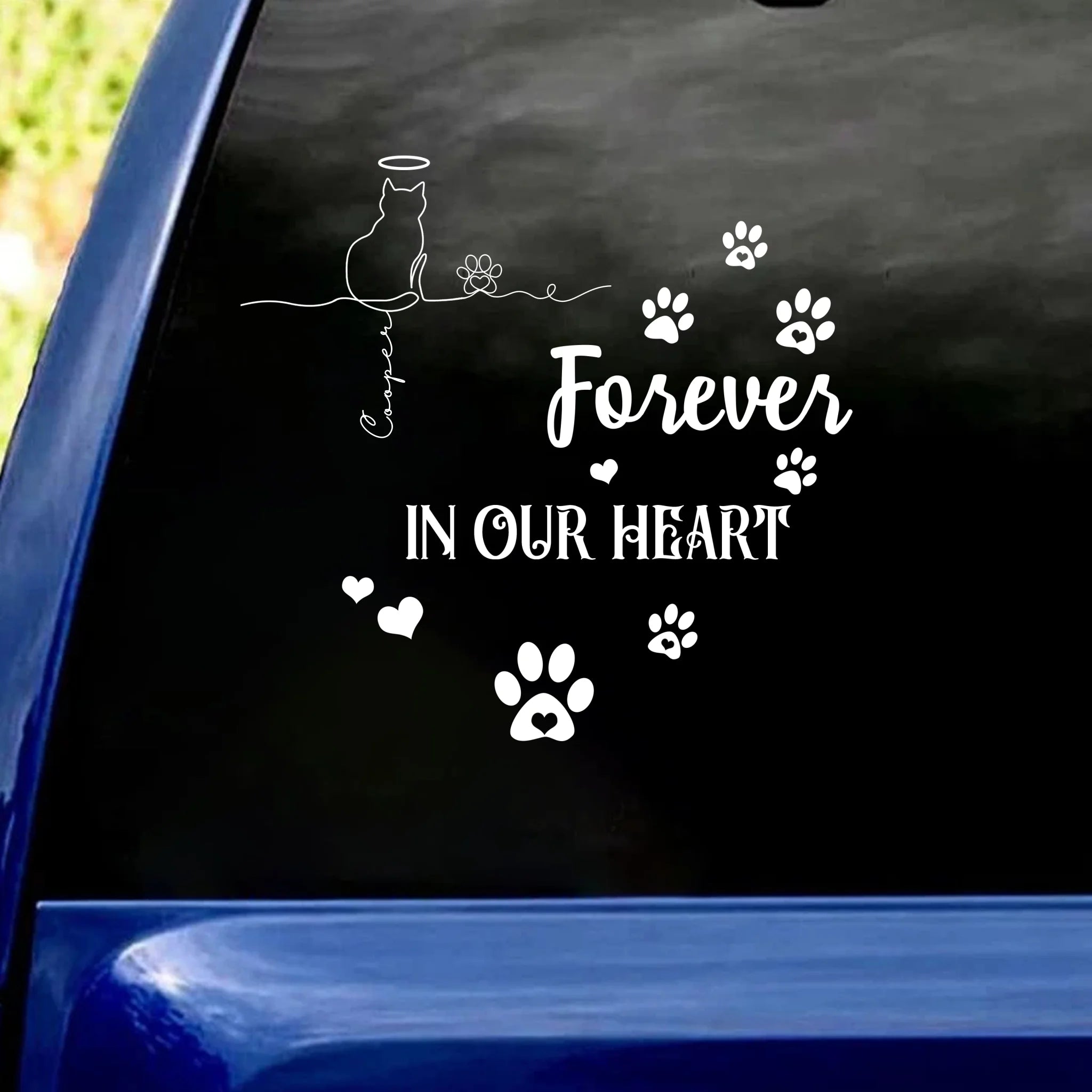 Forever In Our Hearts - Personalized Decal, Cat Memorial Gift, Cute Cats Line Art Decal, Cat Remembrance Gift