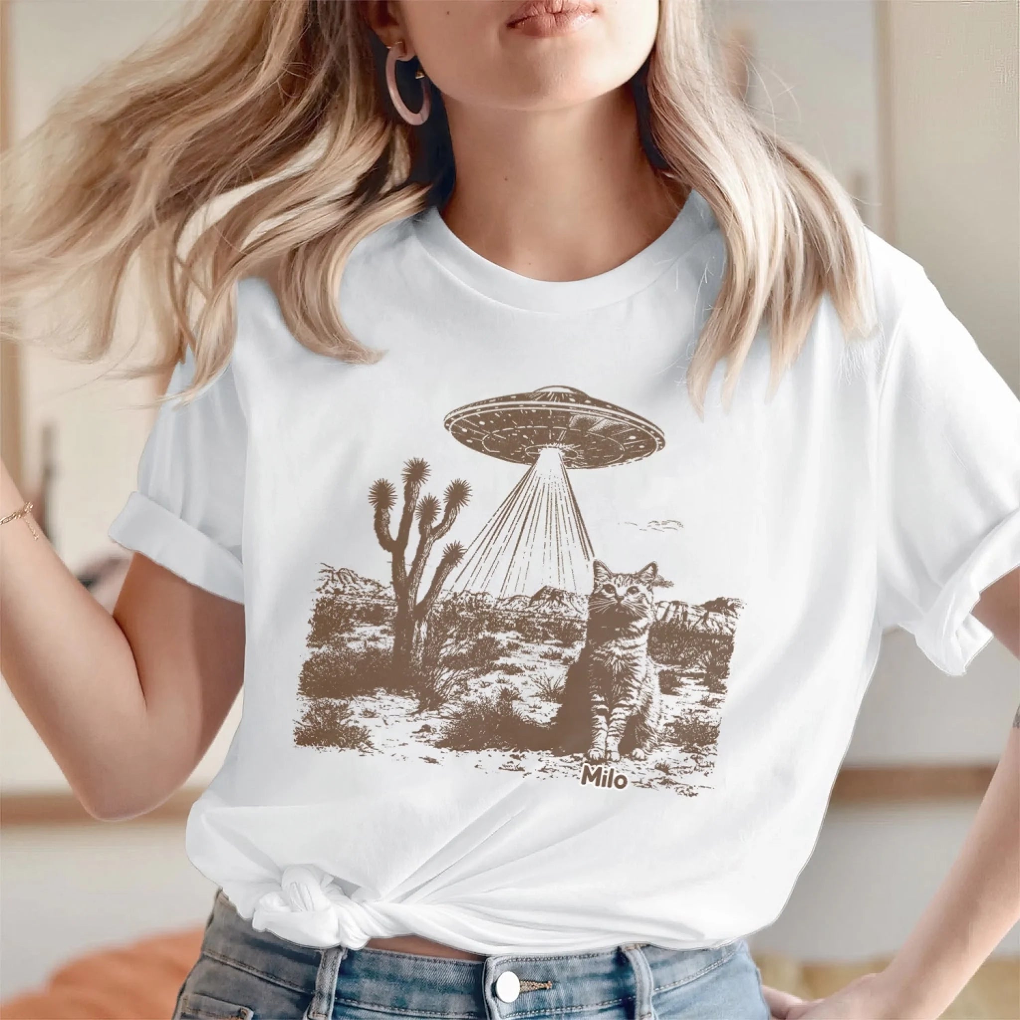 UFO Cowboy Cat - Personalized T-Shirt, Funny Gift For Cat Lovers