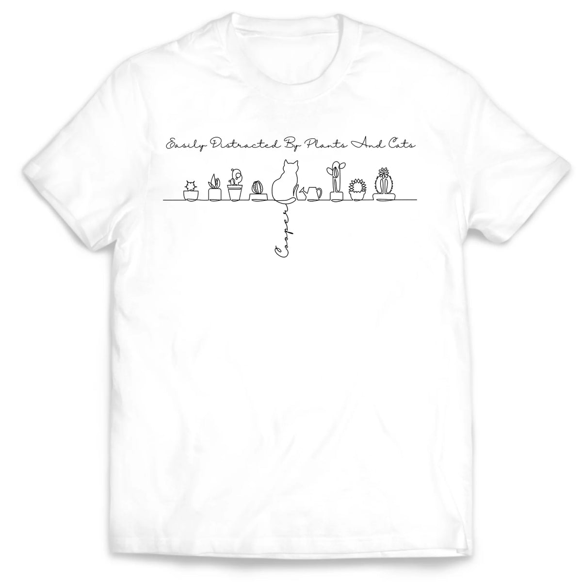 Easily Distracted By Plants And Cats - Personalized T-Shirt, Gift for Cat And Plant Lover, Line Art Style Shirt