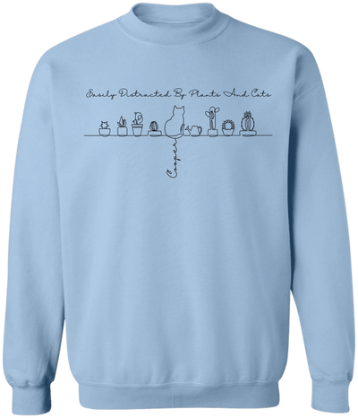 Easily Distracted By Plants And Cats - Personalized T-Shirt, Gift for Cat And Plant Lover, Line Art Style Shirt
