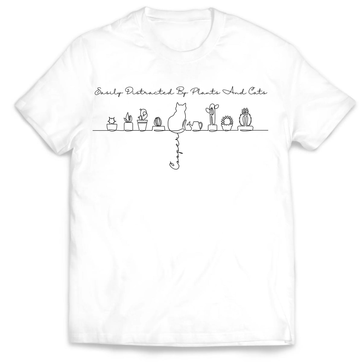 Easily Distracted By Plants And Cats - Personalized T-Shirt, Gift for Cat And Plant Lover, Line Art Style Shirt