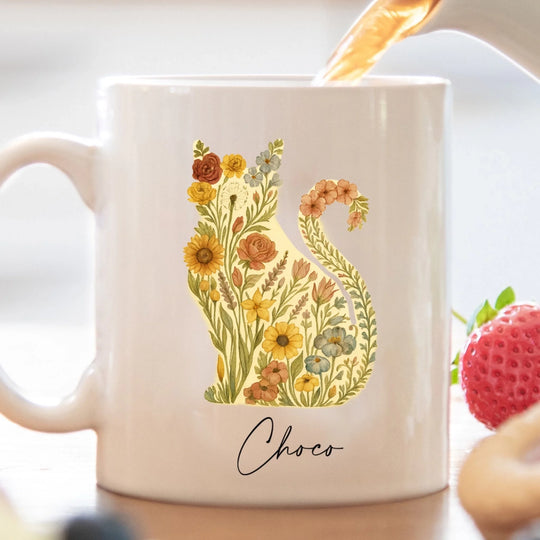 Floral Cat Cottagecore - Personalized Mug, Gift for Cat Lovers, Cat Mom/Cat Dad Gift