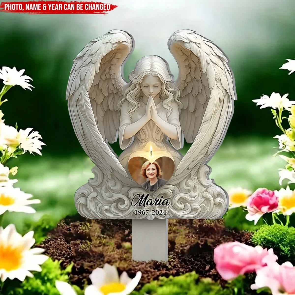 Customize Photo Guardian Angel Statue with Heart Base - Personalized Plaque Stake, Memorial Gift