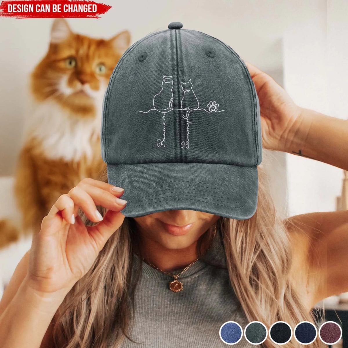 Adorable Cats Line Art - Personalized Vintage Washed Denim Baseball Cap, Gift For Cat Lovers, Cat Dad/Cat Mom Gift