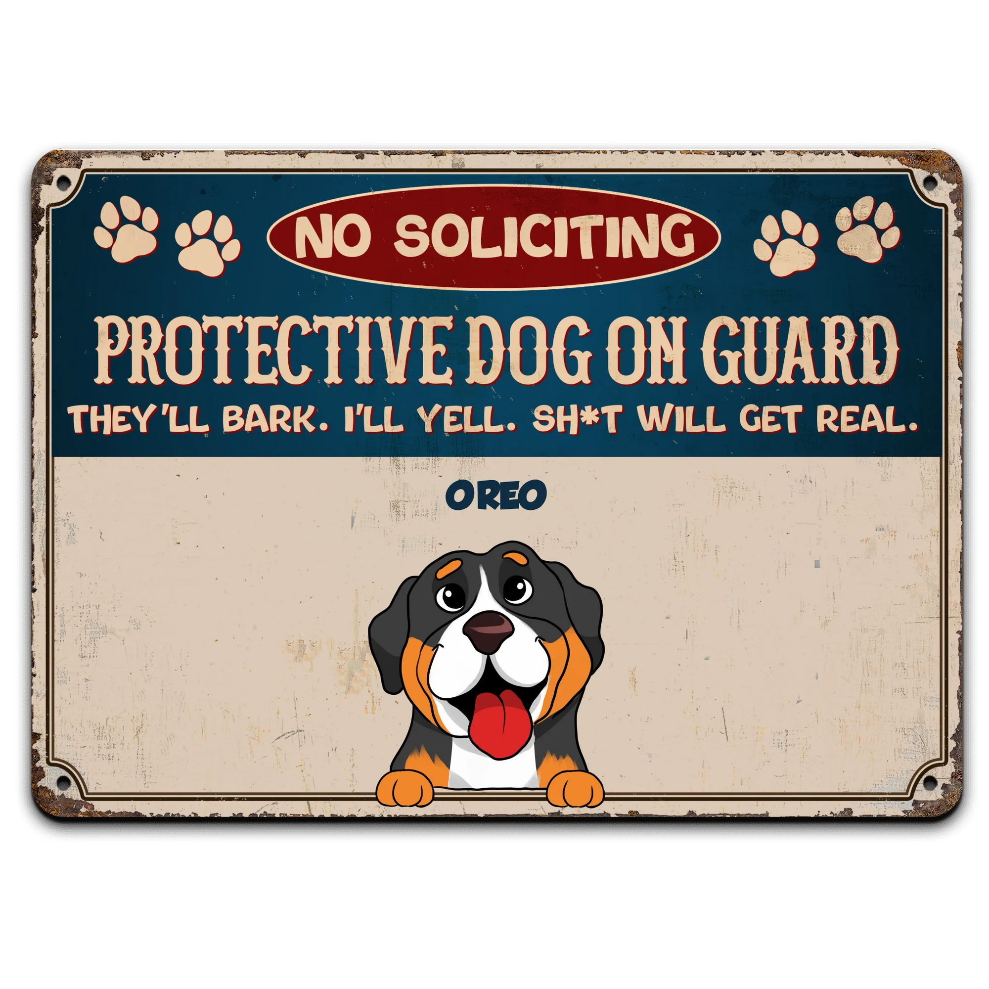 No Soliciting Protective Dogs On Guard - Personalized Metal Sign, Gift For Dog Lover, Dog Owner's House Decor Gift