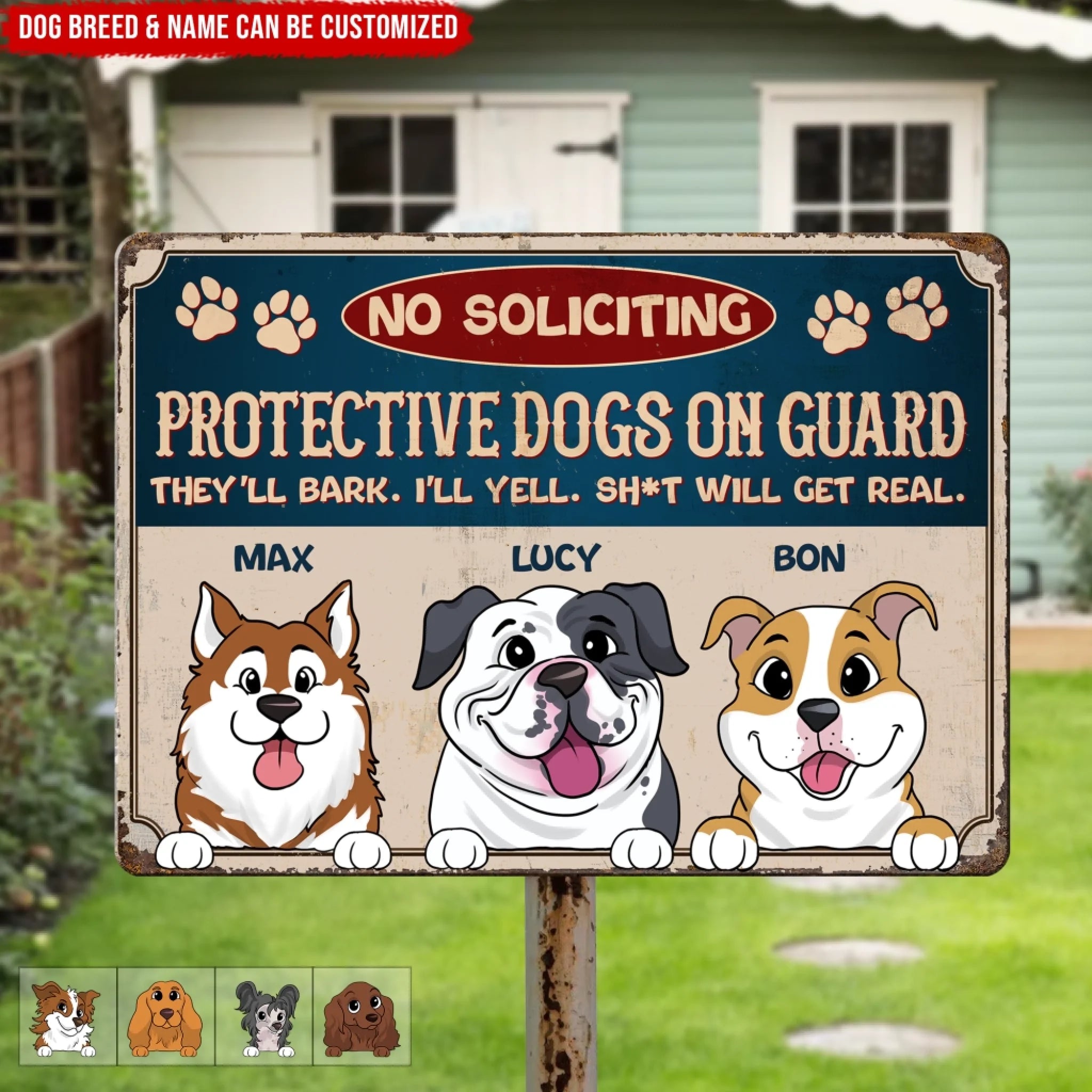 No Soliciting Protective Dogs On Guard - Personalized Metal Sign, Gift For Dog Lover, Dog Owner's House Decor Gift
