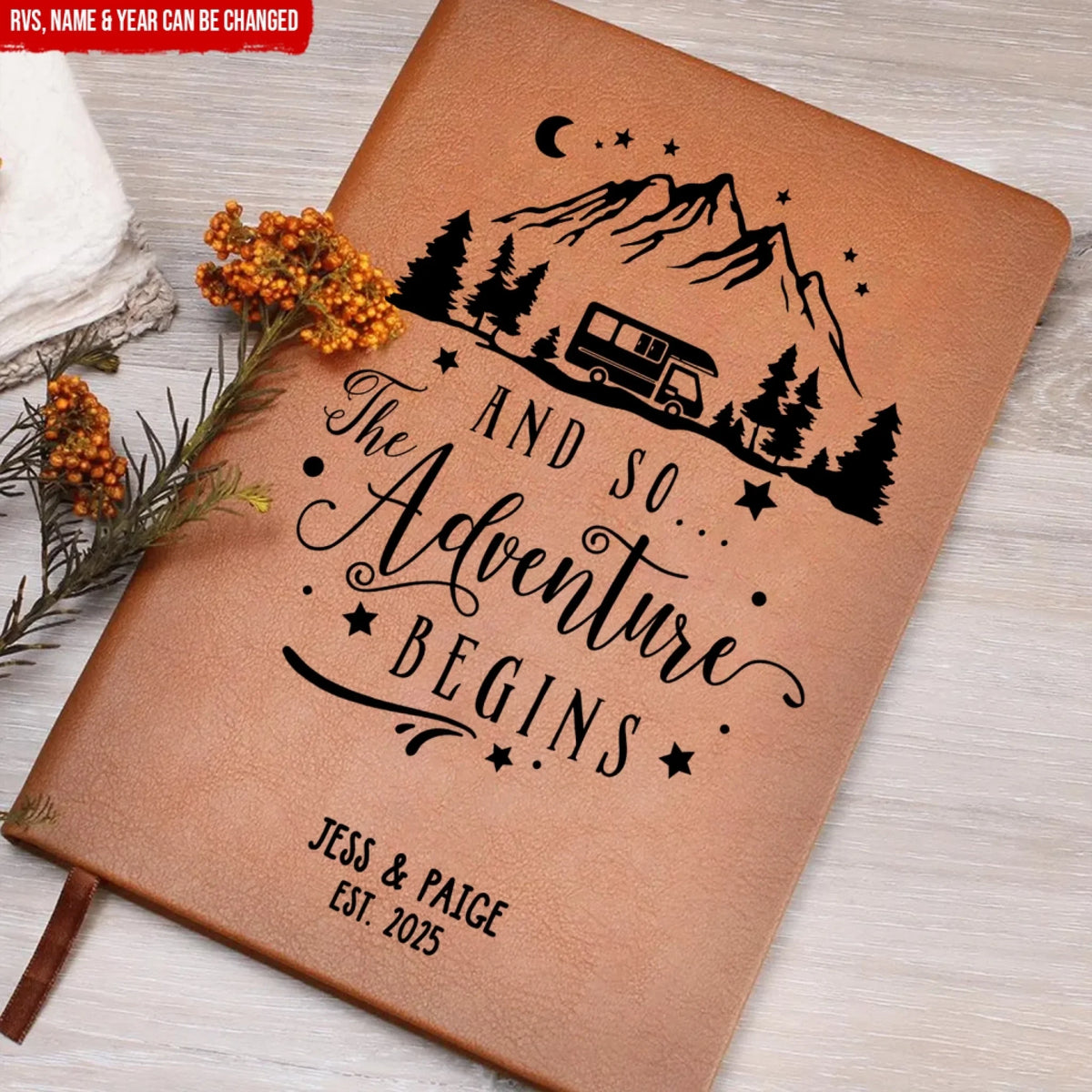 And So The Adventure Begins - Personalized Leather Journal, Camping Gift