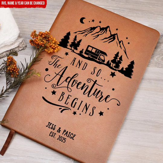And So The Adventure Begins - Personalized Leather Journal, Camping Gift