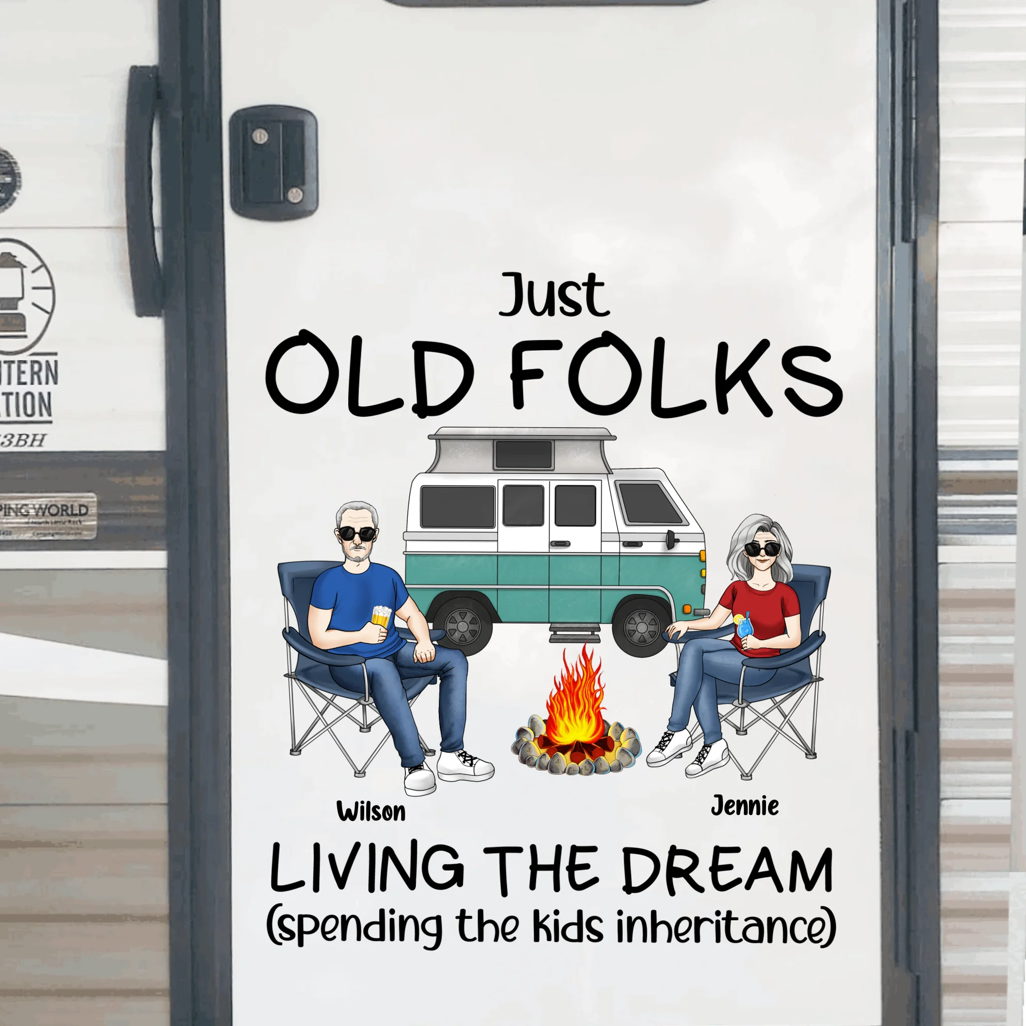 Just Old Folks Living The Dream Spending The Kids Inheritance - Personalized Decal, Camping Gift