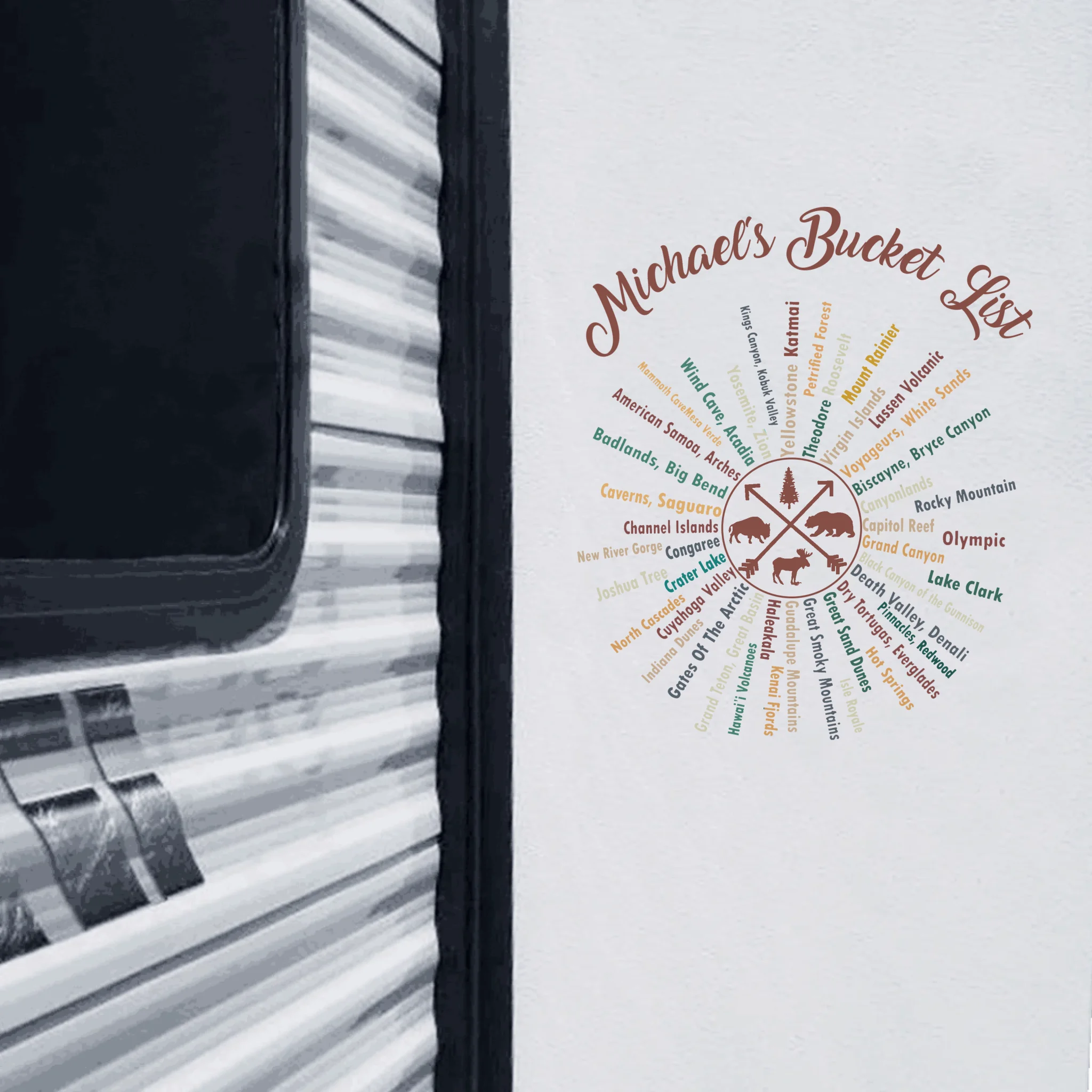 63 National Park Name Bucket List - Personalized Decal, National Park Checklist Decal, Camping/Trekking Gift