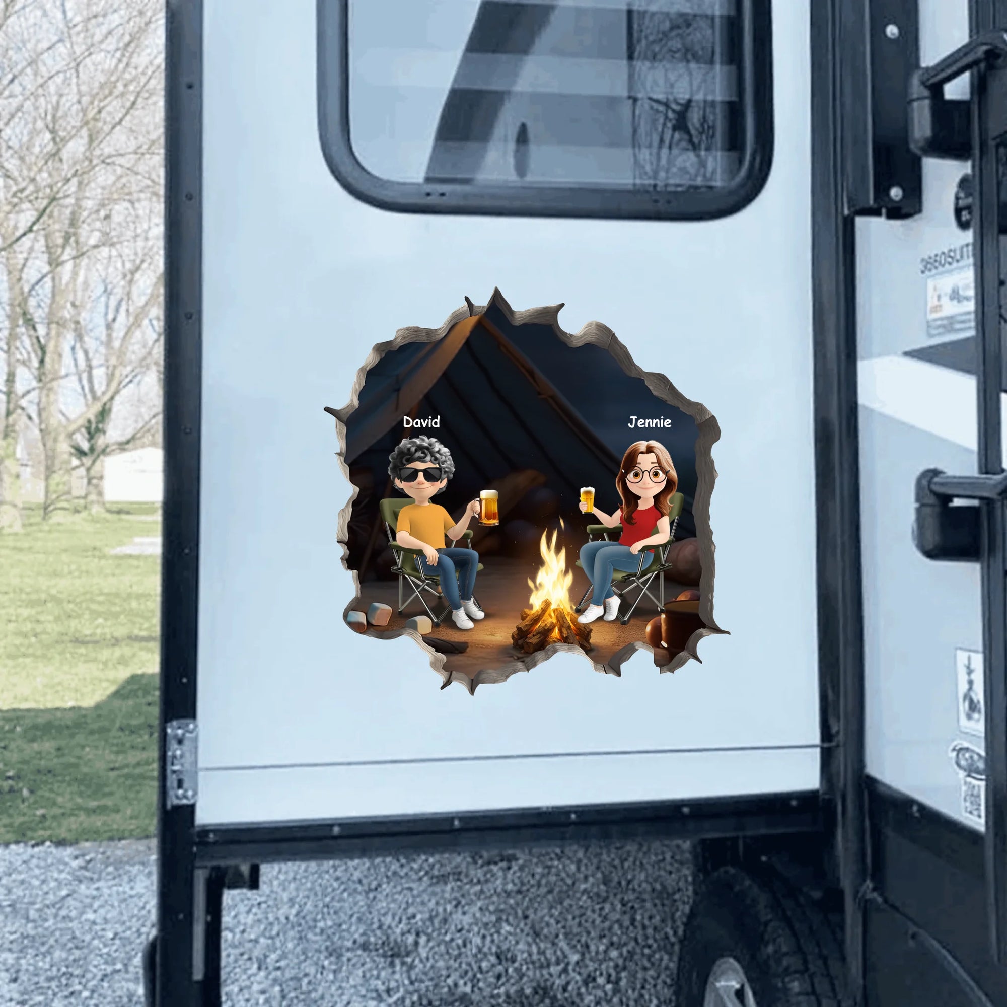 Fire Camping Couple - Personalized Decal, Gift For Camping Lover