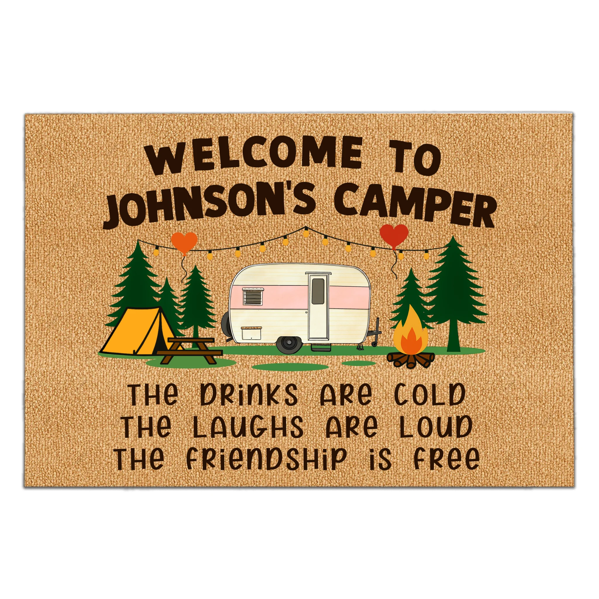 Welcome To Our Camper Cold Drinks Loud Laughs And Free Friendship - Personalized Doormat, Gift For Camping Lovers