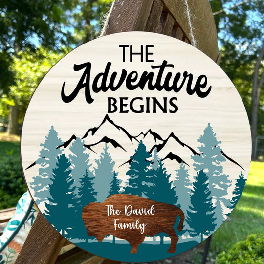 The Adventure Begins - Personalized Wooden Sign, Gift for Camping Lovers, Camping Family Gift