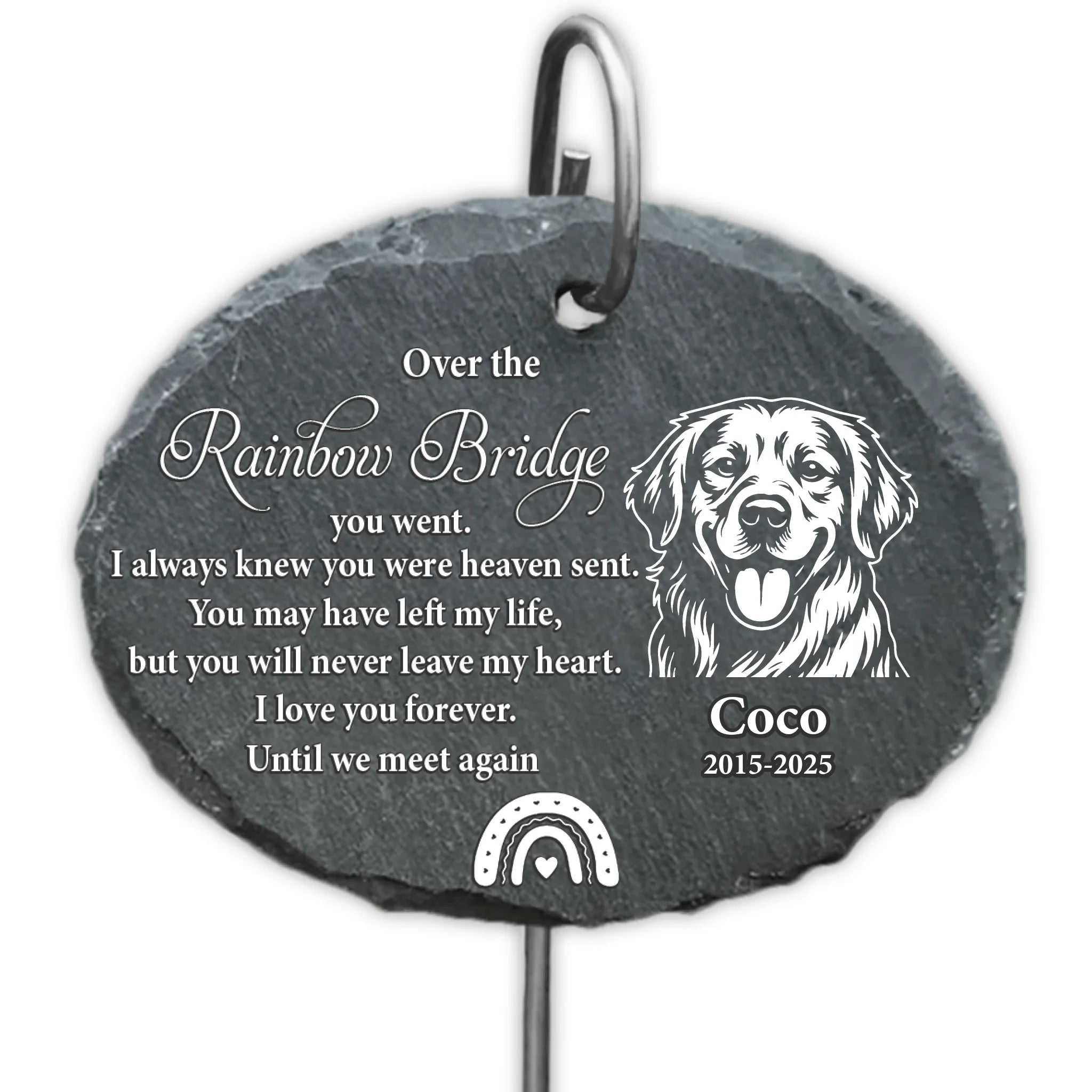 Over The Rainbow Bridge You Went - Personalized Garden Slate, Monochrome Line Art Drawing, Pet Loss Gift, Memorial Gift