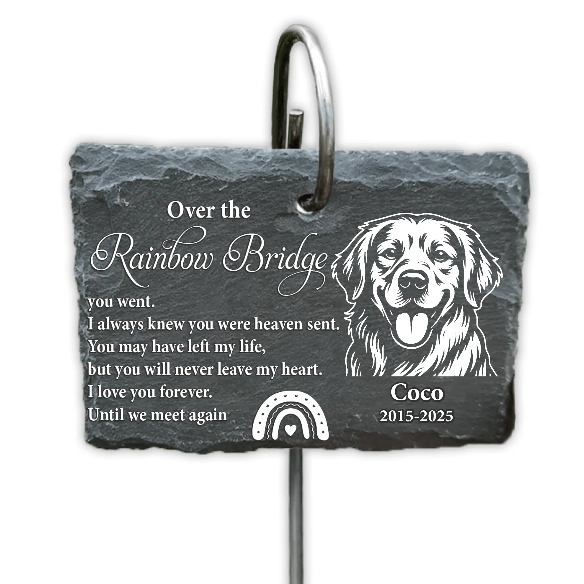 Over The Rainbow Bridge You Went - Personalized Garden Slate, Monochrome Line Art Drawing, Pet Loss Gift, Memorial Gift