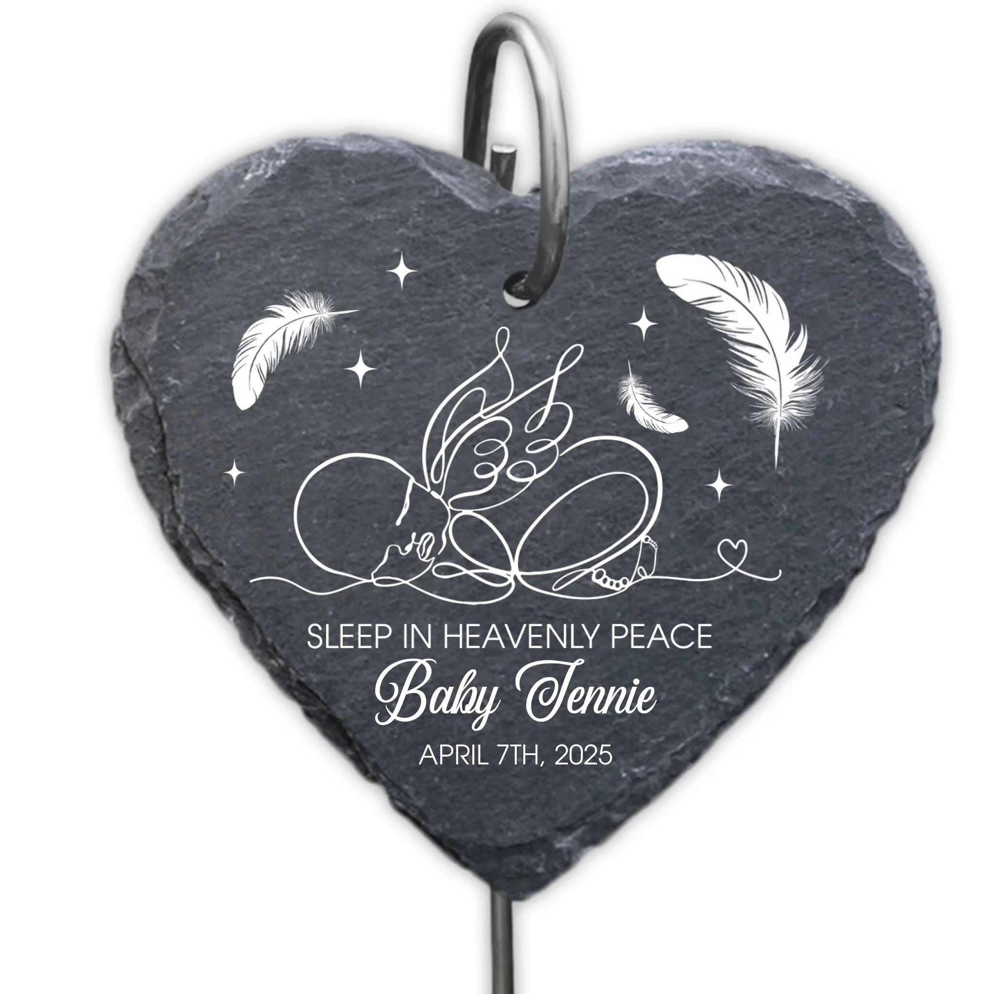 Angel Baby Line Art, Sleep In Heavenly Peace - Personalized Garden Slate, Memorial Gift