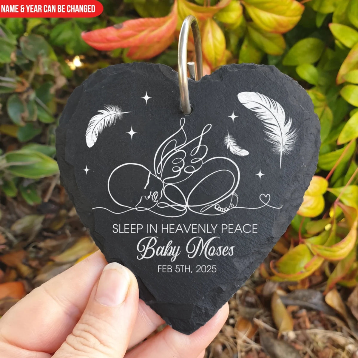 Angel Baby Line Art, Sleep In Heavenly Peace - Personalized Garden Slate, Memorial Gift