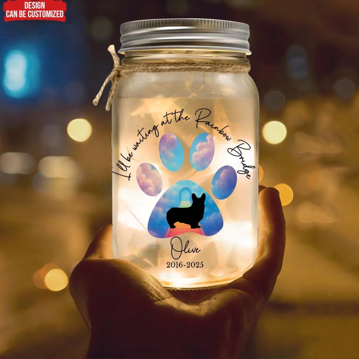 I'll Be Waiting At The Rainbow Bridge - Personalized Jar Light, Dog Loss Gift