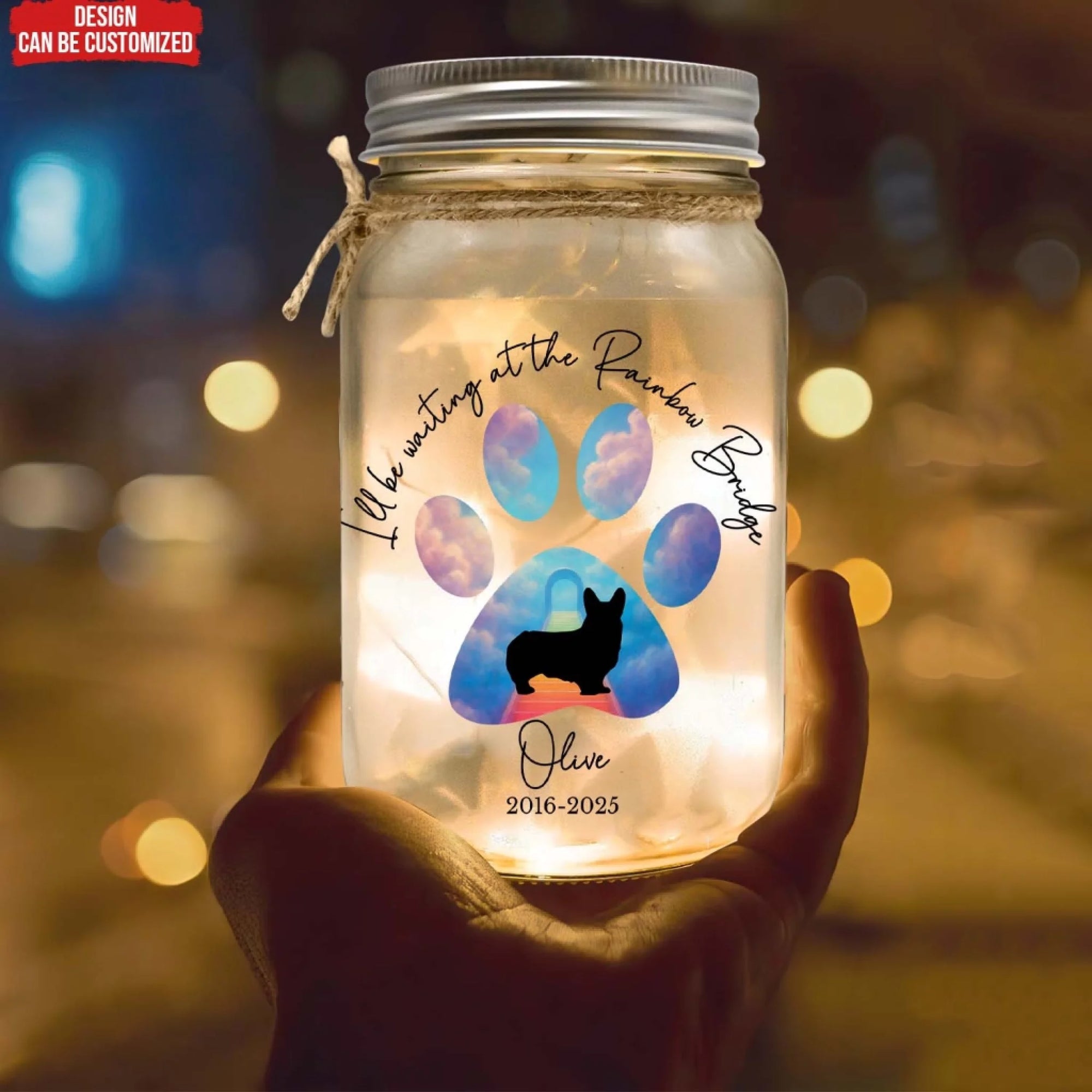 I'll Be Waiting At The Rainbow Bridge - Personalized Jar Light, Dog Loss Gift