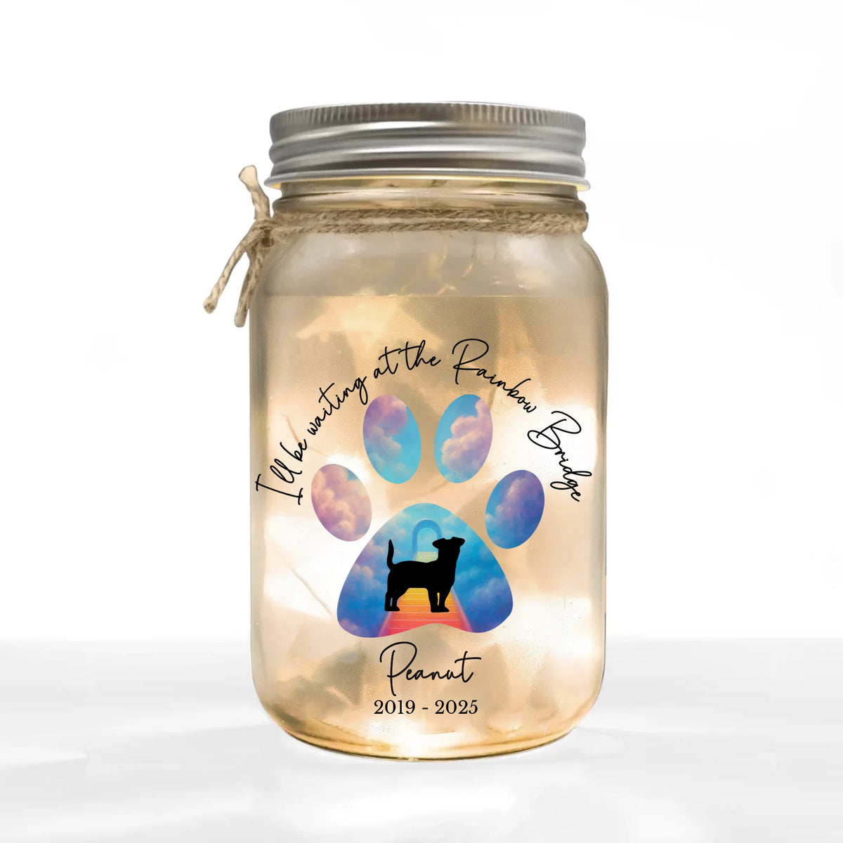 I&#39;ll Be Waiting At The Rainbow Bridge - Personalized Jar Light, Dog Loss Gift