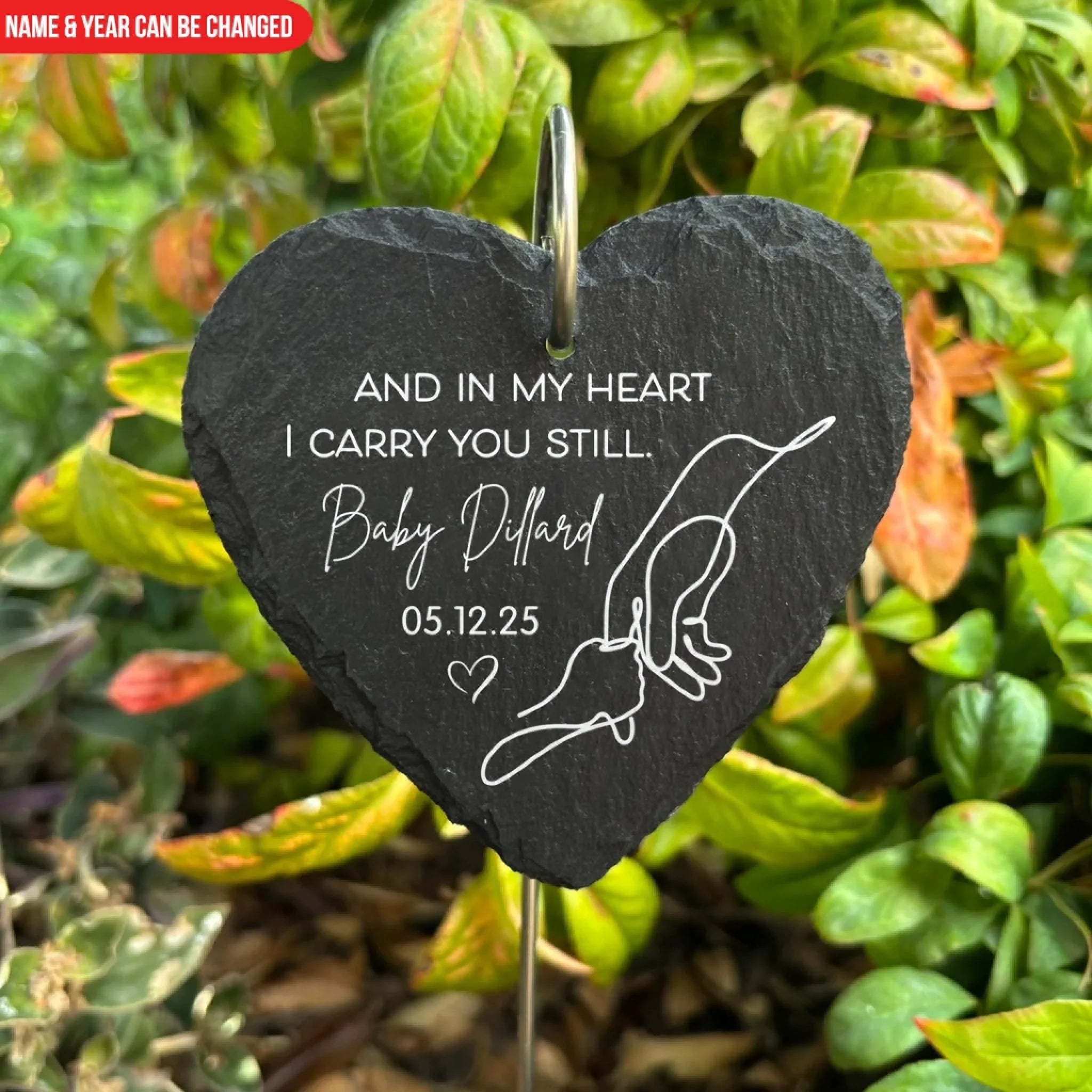 And In My Heart I Will Carry You Still - Personalized Garden Slate, Hand Holding Line Art, Baby Remembrance Gift