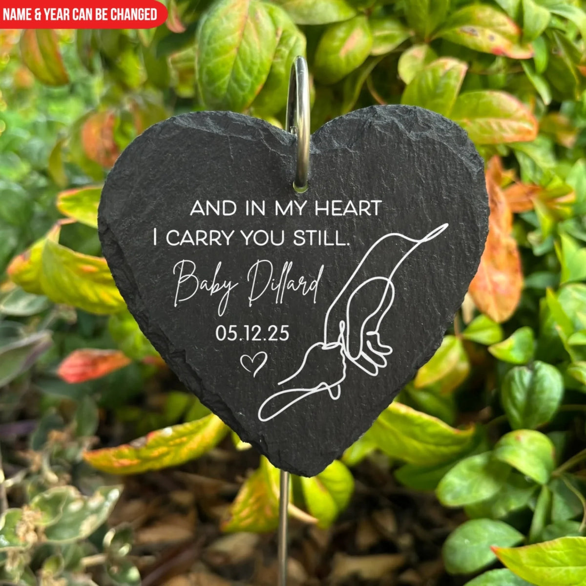 And In My Heart I Will Carry You Still - Personalized Garden Slate, Hand Holding Line Art, Baby Remembrance Gift