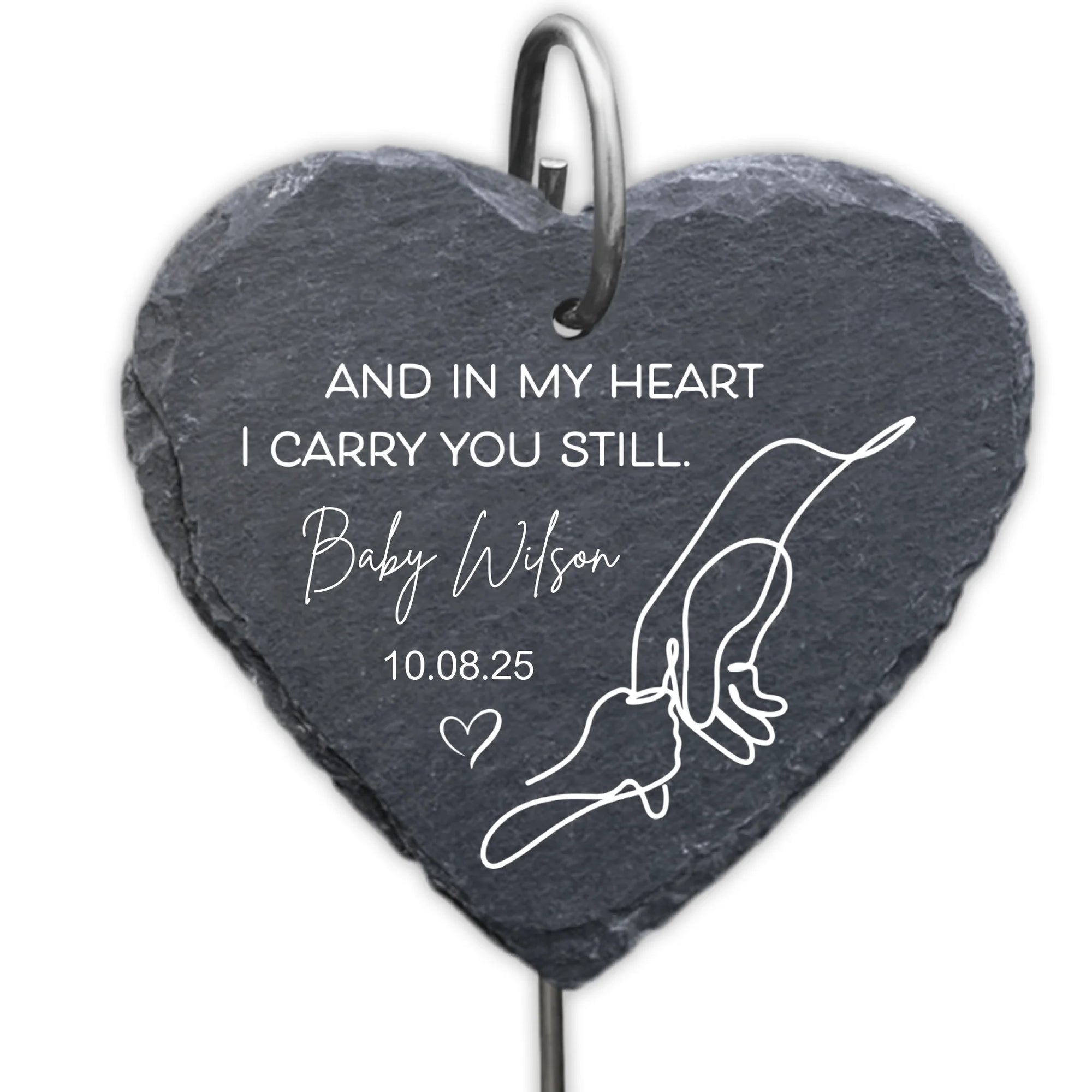 And In My Heart I Will Carry You Still - Personalized Garden Slate, Hand Holding Line Art, Baby Remembrance Gift