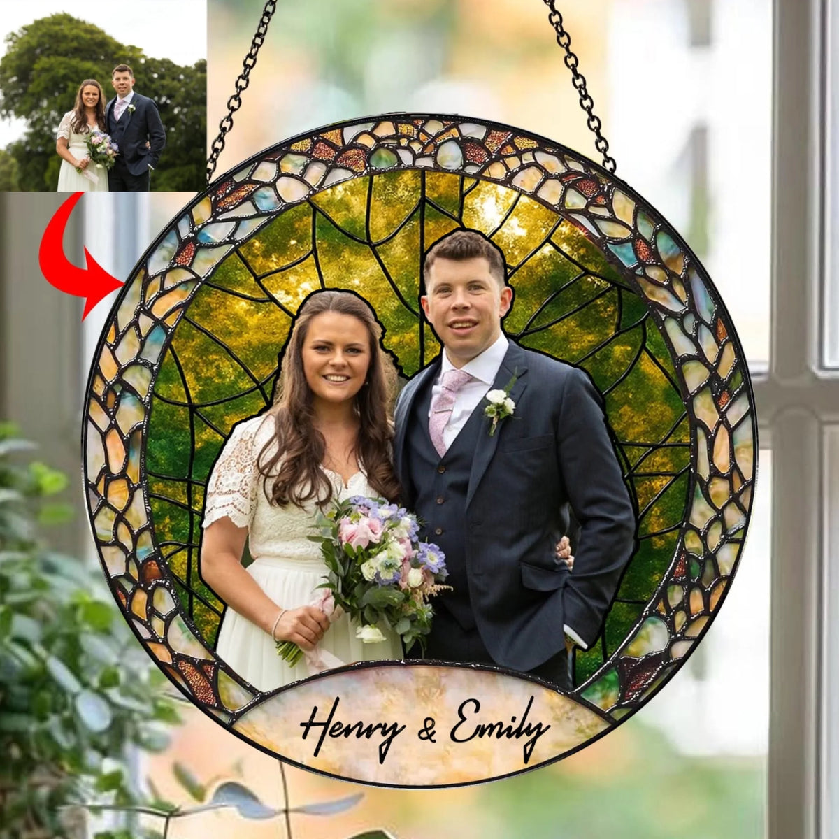 Wedding Couple - Personalized Window Stained Glass, Custom Photo Suncatcher, Gift for Wife/Husband, Family Keepsake