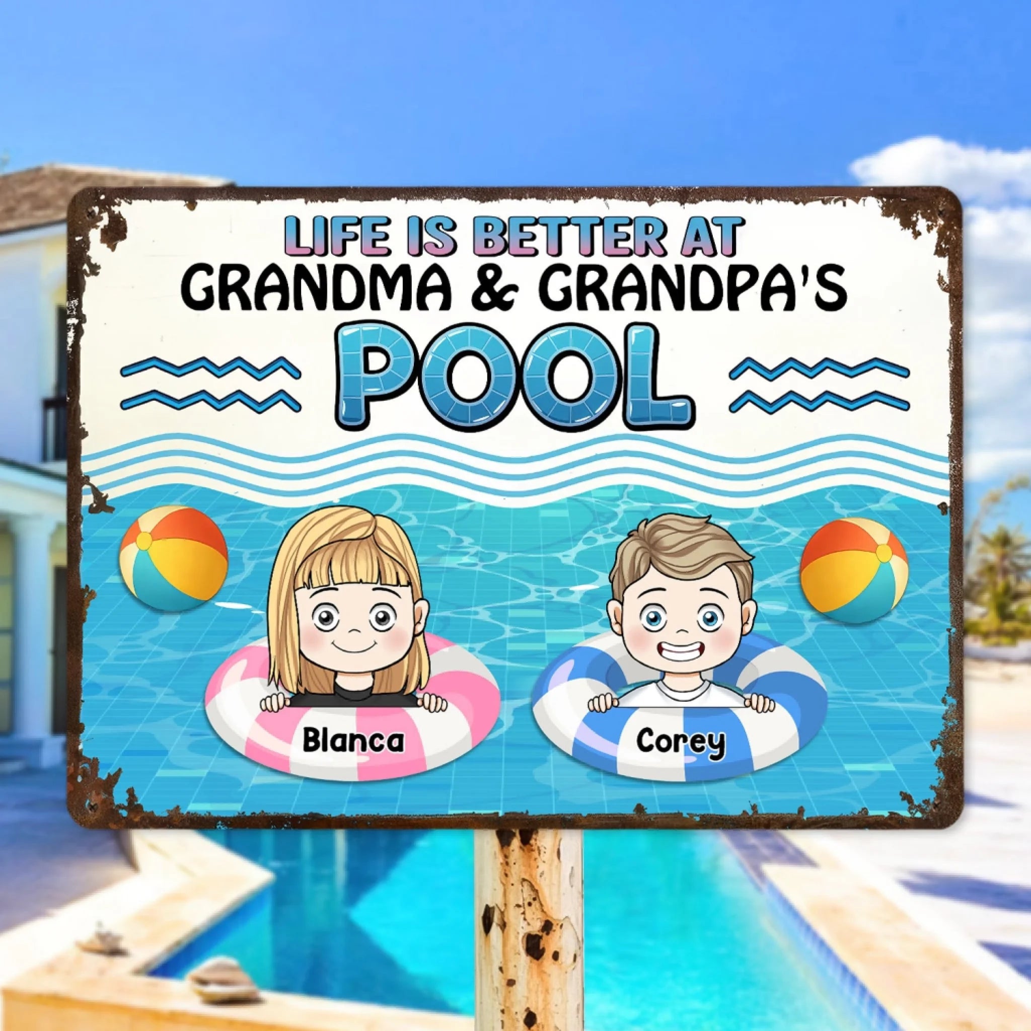 Life Is Better At Grandma & Grandpa's Pool - Personalized Metal Sign, Gift For Grandparents, Grandchildren Welcome Sign