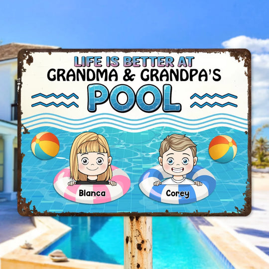 Life Is Better At Grandma & Grandpa's Pool - Personalized Metal Sign, Gift For Grandparents, Grandchildren Welcome Sign