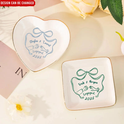 Minimalist Coquette Couple Engaged - Personalized Jewelry Dish, Engagement Gift For Couples