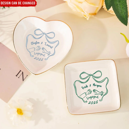 Minimalist Coquette Couple Engaged - Personalized Jewelry Dish, Engagement Gift For Couples
